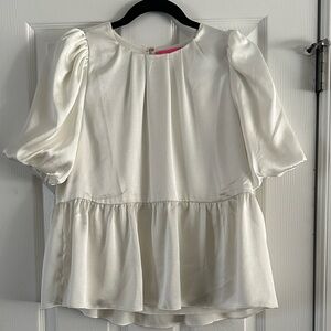 Coconut Ivory Blakelynn Satin Peplum Puff Sleeve Top Bridal Wedding Cocktail